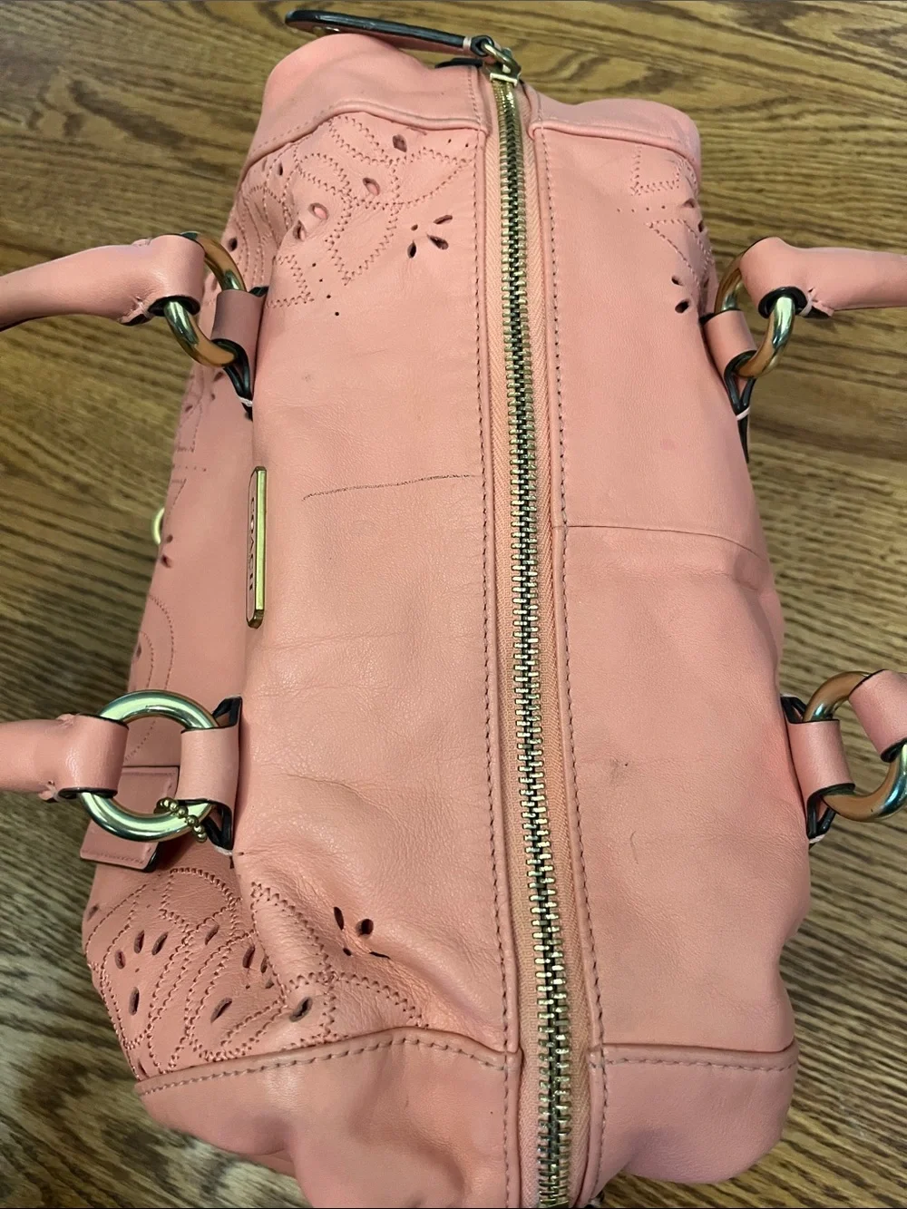 Coach Coral Pink Leather Satchel with Laser-Cut Floral Design F22488